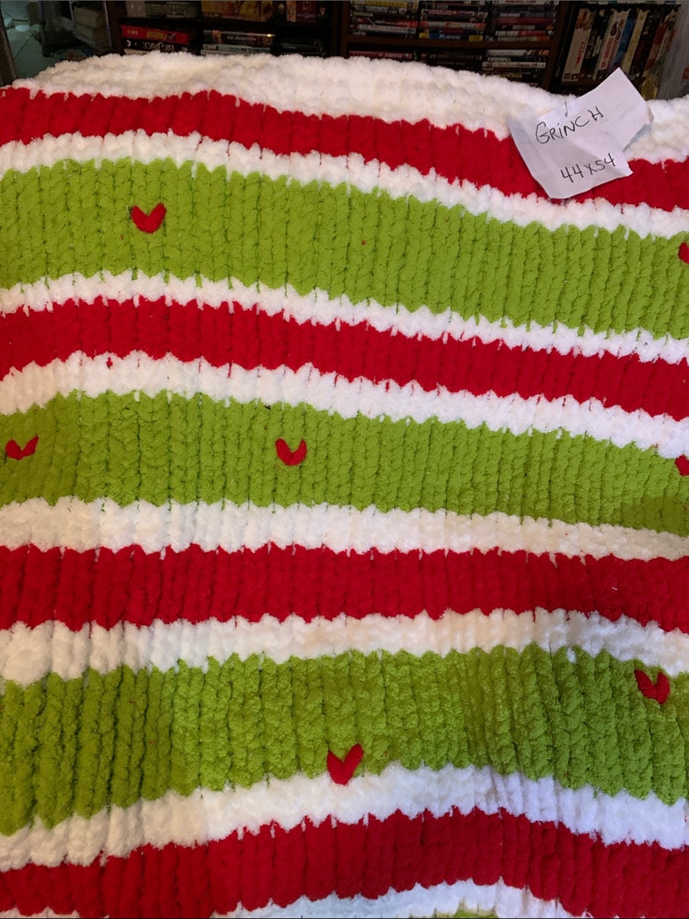 Grinch’s Striped Hand Knitted Throw Blanket in Red, Green & White 44x54